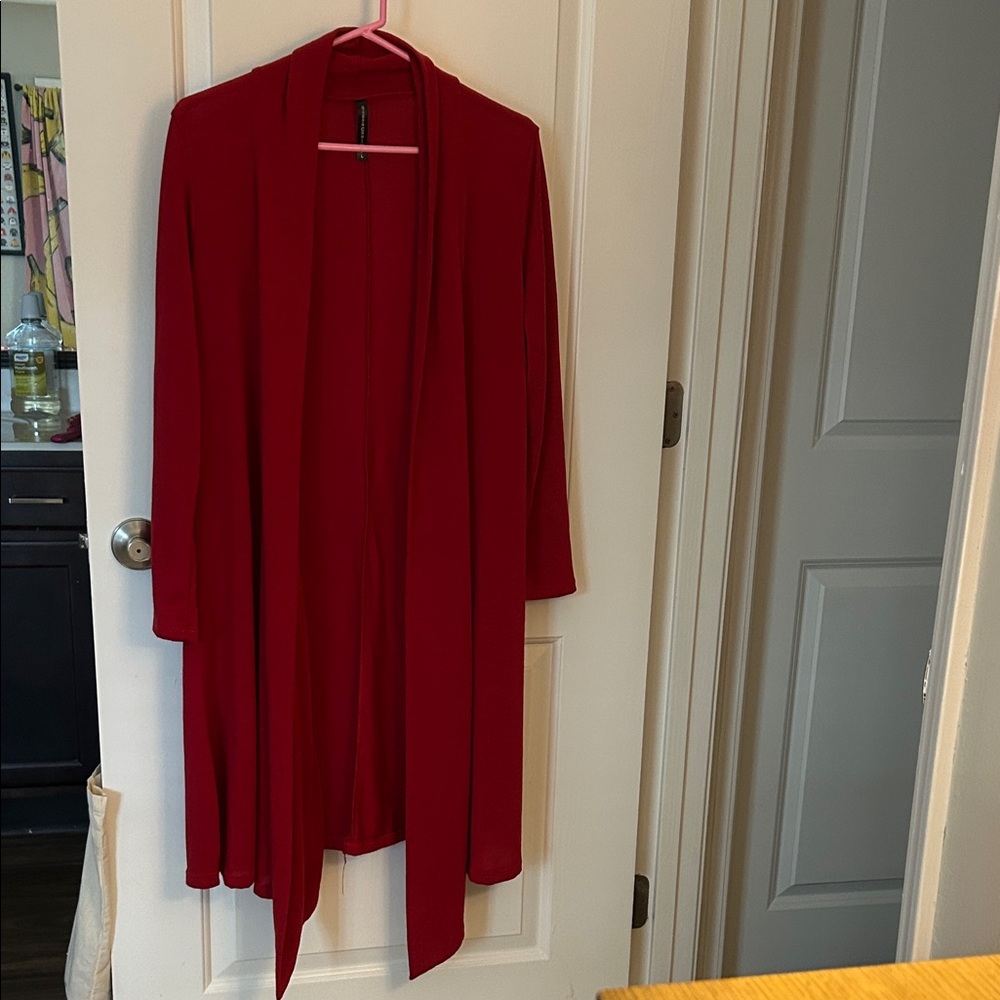 Elegant Red Open Front Long Cardigan - Rags and Couture